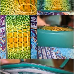 Croc-Embossed Green and Yellow Tote with Teal Base